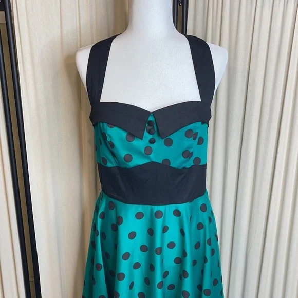 🎉HP🎉NWT- HELL BUNNY VIXEN GREEN & BLACK HALTER PINUP DRESS SIZE LARGE - Picture 10 of 15